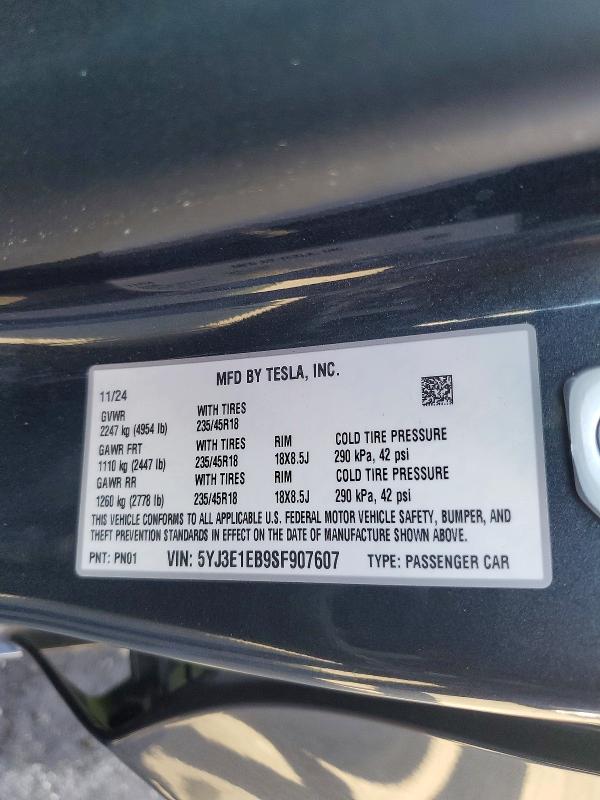 62360126 :رقم المزاد ، 5YJ3E1EB9SF907607 vin ، 2025 Tesla Model 3 مزاد بيع