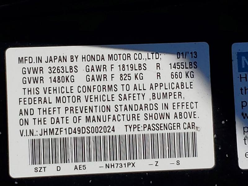 61206216 :رقم المزاد ، JHMZF1D49DS002024 vin ، 2013 Honda Cr-z مزاد بيع