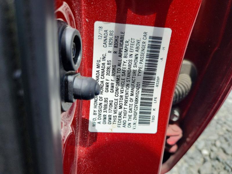 Продажа на аукционе авто 2019 Honda Civic, vin: 2HGFC2F68KH524201, номер лота: 60606946