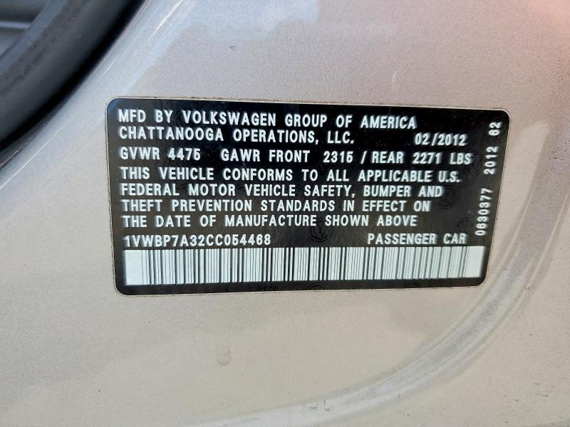 62203246 :رقم المزاد ، 1VWBP7A32CC054468 vin ، 2012 Volkswagen Passat مزاد بيع