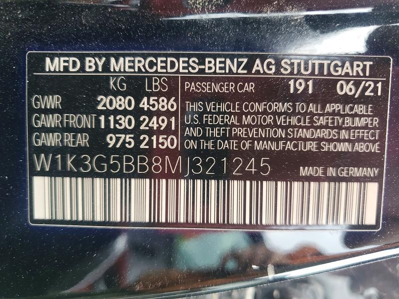 63215566 :رقم المزاد ، W1K3G5BB8MJ321245 vin ، 2021 Mercedes-benz A مزاد بيع