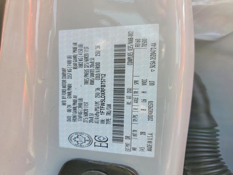 57560946 :رقم المزاد ، 1FTFW5LDXRFB75712 vin ، 2024 Ford F150 مزاد بيع
