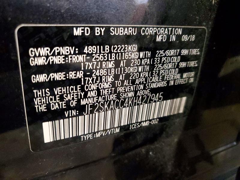 61951826 :رقم المزاد ، JF2SKACC4KH427945 vin ، 2019 Subaru Forester مزاد بيع