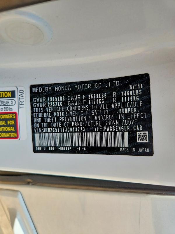 Aukcja sprzedaży 2018 Honda Clarity, vin: JHMZC5F17JC013323, numer aukcji: 60075846