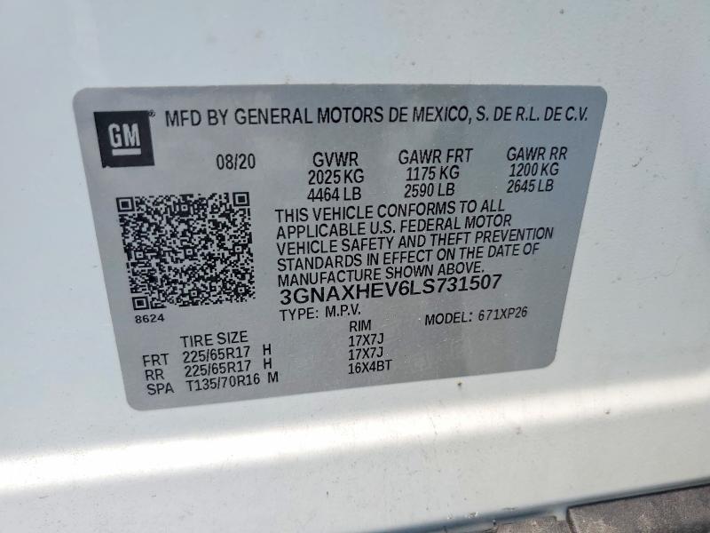 59280736 :رقم المزاد ، 3GNAXHEV6LS731507 vin ، 2020 Chevrolet Equinox مزاد بيع
