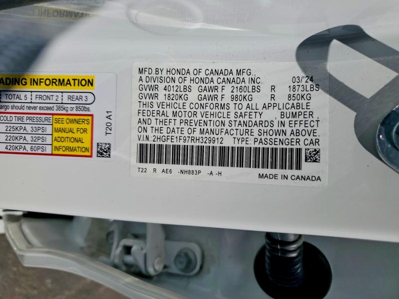 2024 Honda Civic მანქანა იყიდება აუქციონზე, vin: 2HGFE1F97RH329912, აუქციონის ნომერი: 62333406