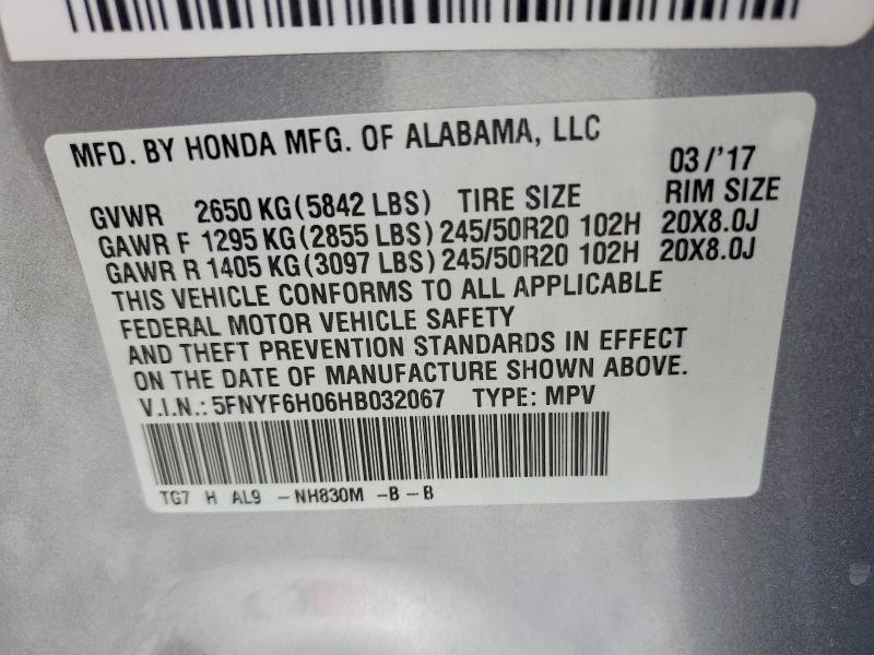 Продажа на аукционе авто 2017 Honda Pilot, vin: 5FNYF6H06HB032067, номер лота: 62763476