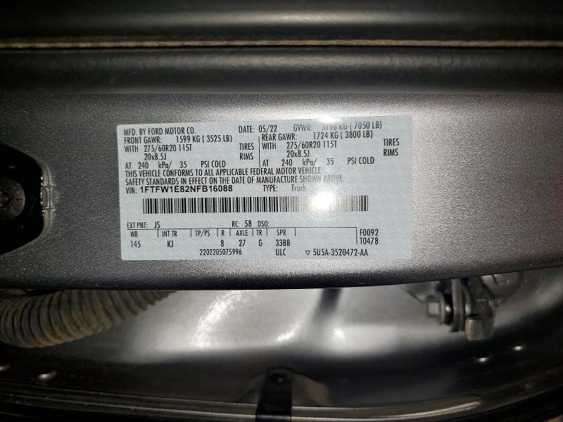 60761106 :رقم المزاد ، 1FTFW1E82NFB16088 vin ، 2022 Ford F150 مزاد بيع