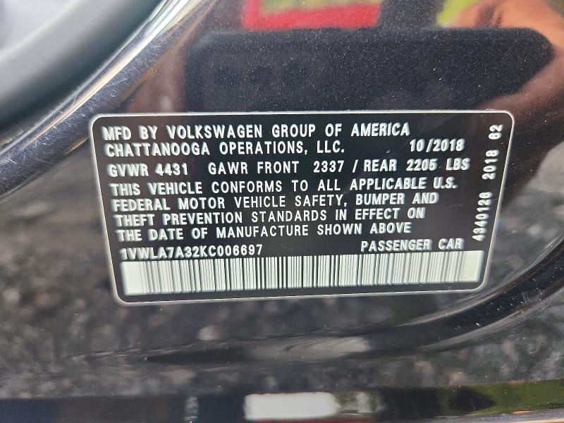 Продажа на аукционе авто 2019 Volkswagen Passat, vin: 1VWLA7A32KC006697, номер лота: 61245086