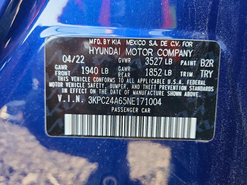 Aukcja sprzedaży 2022 Hyundai Accent, vin: 3KPC24A65NE171004, numer aukcji: 60420046