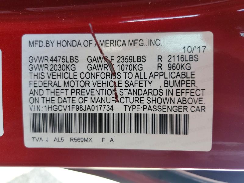 Продаж на аукціоні авто 2018 Honda Accord, vin: 1HGCV1F98JA017734, номер лоту: 62518226