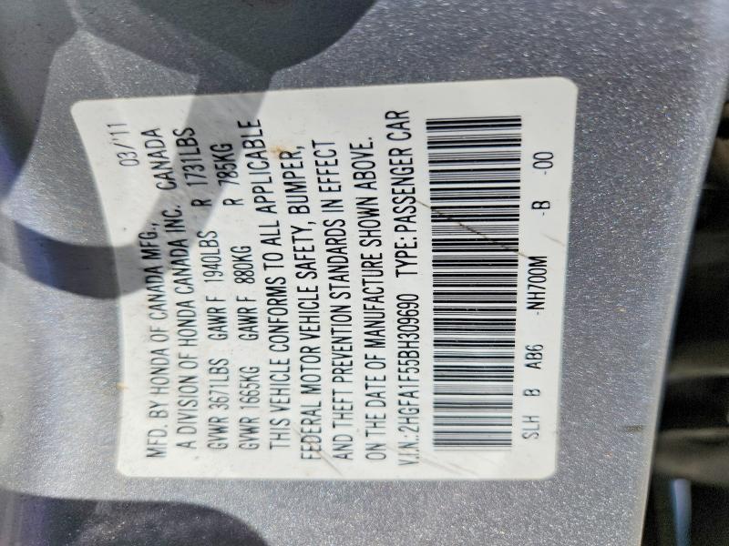 63177696 :رقم المزاد ، 2HGFA1F55BH309690 vin ، 2011 Honda Civic مزاد بيع