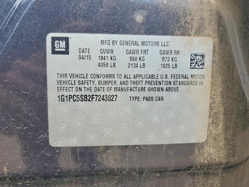 2015 Chevrolet Cruze მანქანა იყიდება აუქციონზე, vin: 1G1PC5SB2F7243027, აუქციონის ნომერი: 60119116
