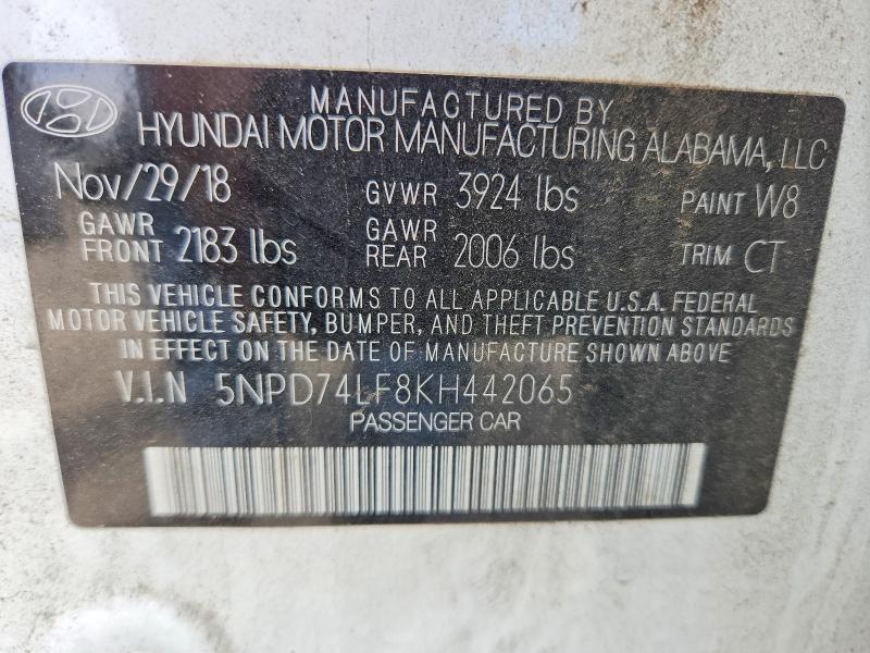 2019 Hyundai Elantra მანქანა იყიდება აუქციონზე, vin: 5NPD74LF8KH442065, აუქციონის ნომერი: 61523986