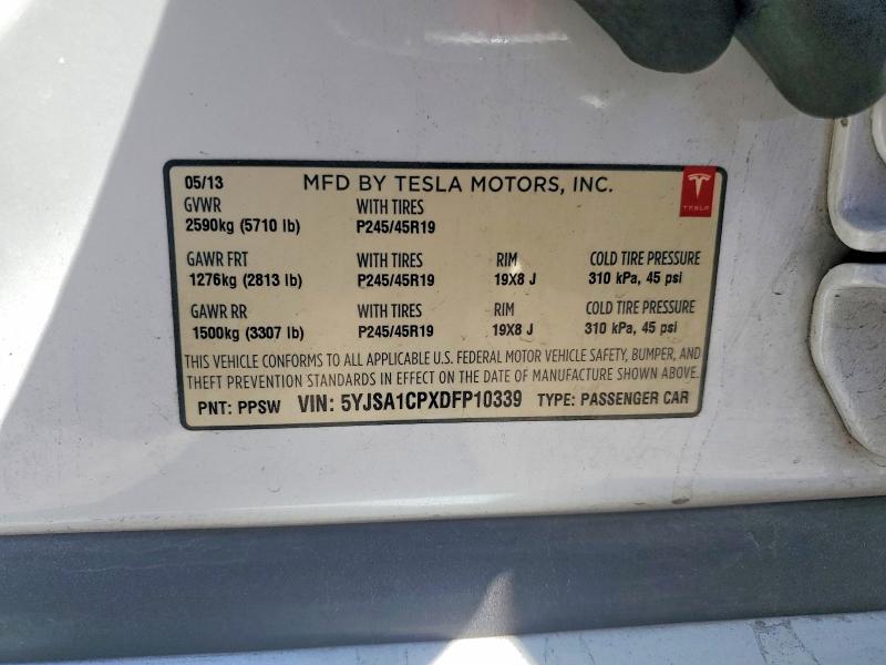 2013 Tesla Model S მანქანა იყიდება აუქციონზე, vin: 5YJSA1CPXDFP10339, აუქციონის ნომერი: 62658606