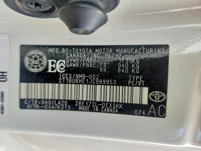 62009586 :رقم المزاد ، 2T1BURHE1JC989953 vin ، 2018 Toyota Corolla مزاد بيع