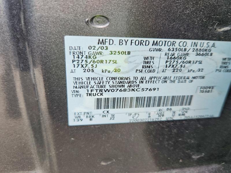 Aukcja sprzedaży 2003 Ford F150, vin: 1FTRW07683KC57691, numer aukcji: 61309456