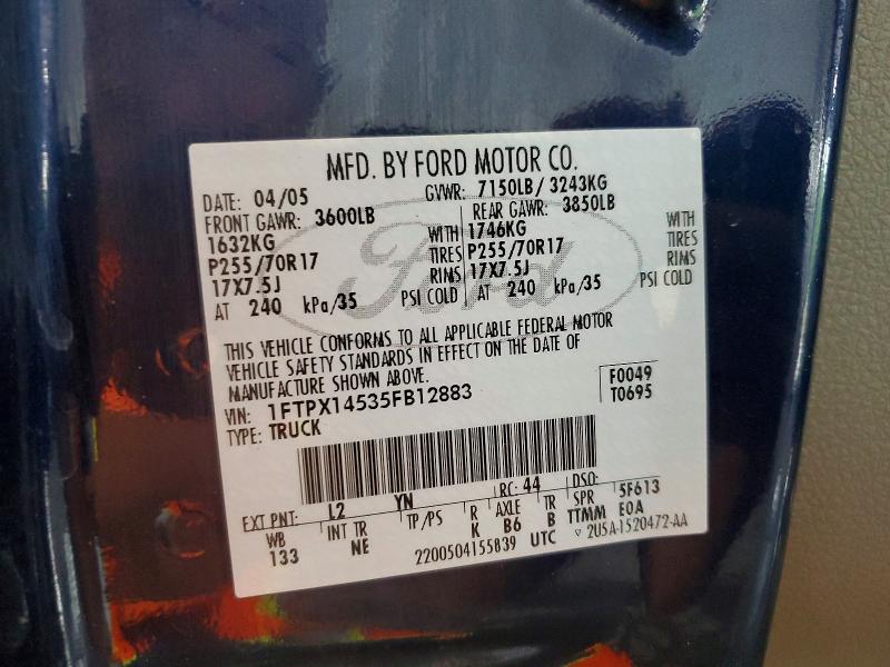 2005 Ford F150 მანქანა იყიდება აუქციონზე, vin: 1FTPX14535FB12883, აუქციონის ნომერი: 60369276