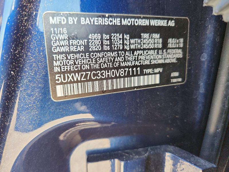 Продаж на аукціоні авто 2017 Bmw X3, vin: 5UXWZ7C33H0V87111, номер лоту: 62512906
