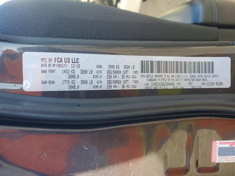 59697446 :رقم المزاد ، 1C4RDHDG8KC604804 vin ، 2019 Dodge Durango مزاد بيع