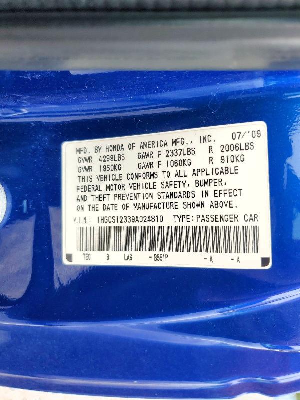 Auction sale of the 2009 Honda Accord, vin: 1HGCS12339A024810, lot number: 62314896