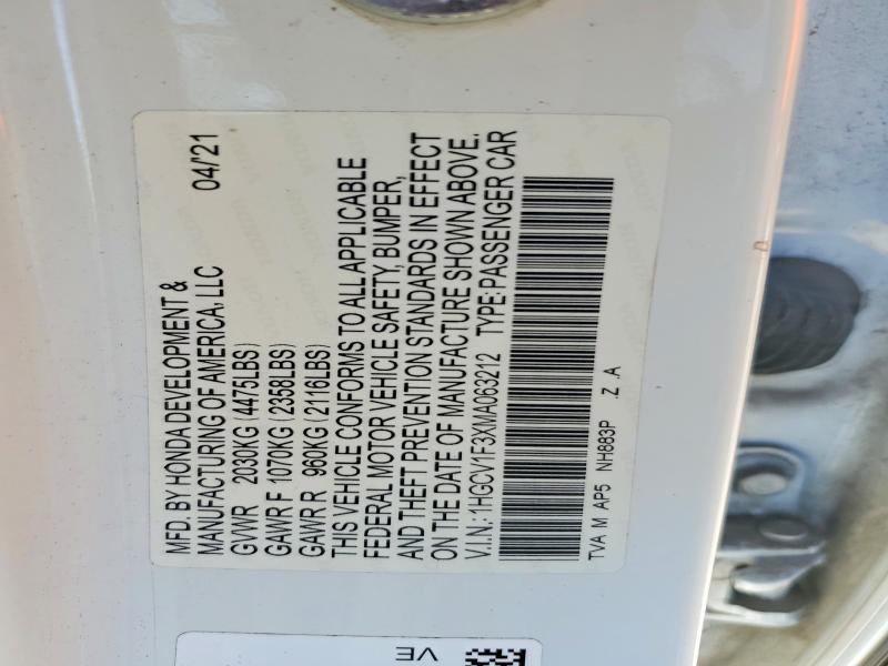 61585706 :رقم المزاد ، 1HGCV1F3XMA063212 vin ، 2021 Honda Accord مزاد بيع