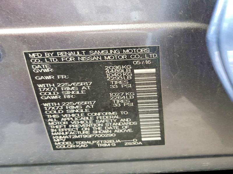 41634746 :رقم المزاد ، KNMAT2MT9GP700290 vin ، 2016 Nissan Rogue مزاد بيع