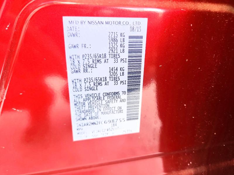 Aukcja sprzedaży 2015 Nissan Pathfinder, vin: 5N1AR2MN2FC698755, numer aukcji: 63019926