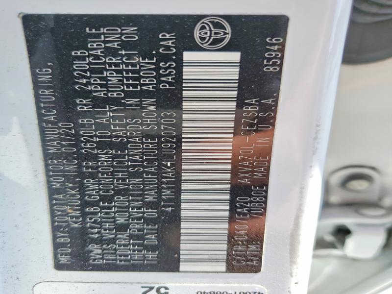 2020 Toyota Camry მანქანა იყიდება აუქციონზე, vin: 4T1M11AK1LU920703, აუქციონის ნომერი: 60118516