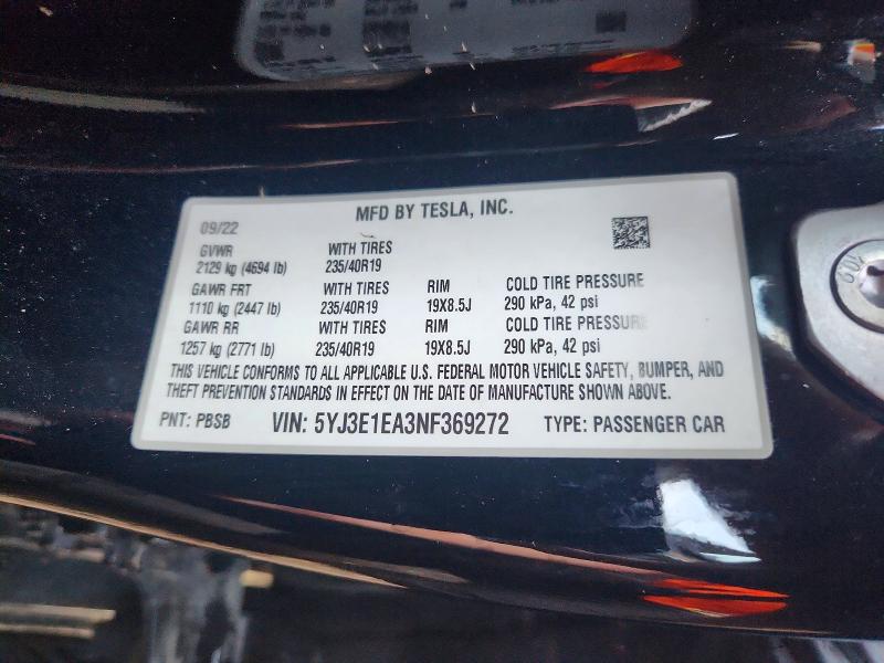 Продаж на аукціоні авто 2022 Tesla Model 3, vin: 5YJ3E1EA3NF369272, номер лоту: 59585866