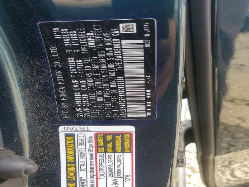 2019 Honda Clarity მანქანა იყიდება აუქციონზე, vin: JHMZC5F32KC005696, აუქციონის ნომერი: 60443786
