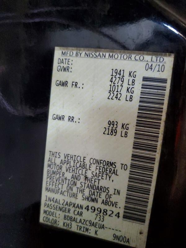 2010 Nissan Altima მანქანა იყიდება აუქციონზე, vin: 1N4AL2APXAN499824, აუქციონის ნომერი: 60660526
