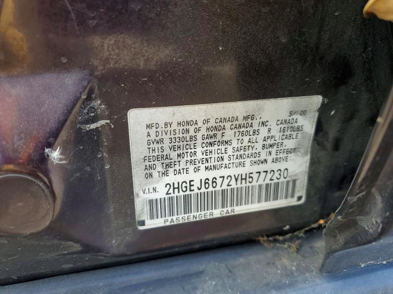 Продаж на аукціоні авто 2000 Honda Civic, vin: 2HGEJ6672YH577230, номер лоту: 59356366