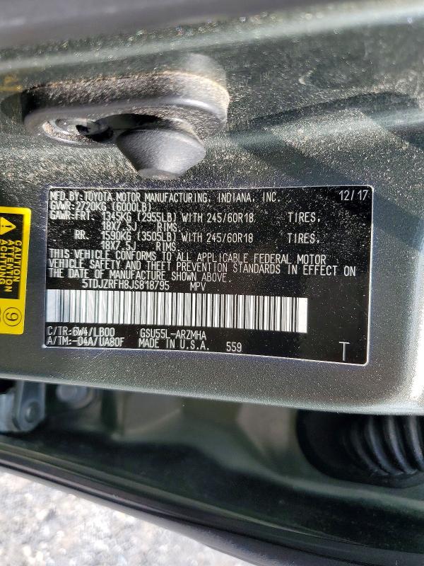 2018 Toyota Highlander მანქანა იყიდება აუქციონზე, vin: 5TDJZRFH8JS818795, აუქციონის ნომერი: 61872276