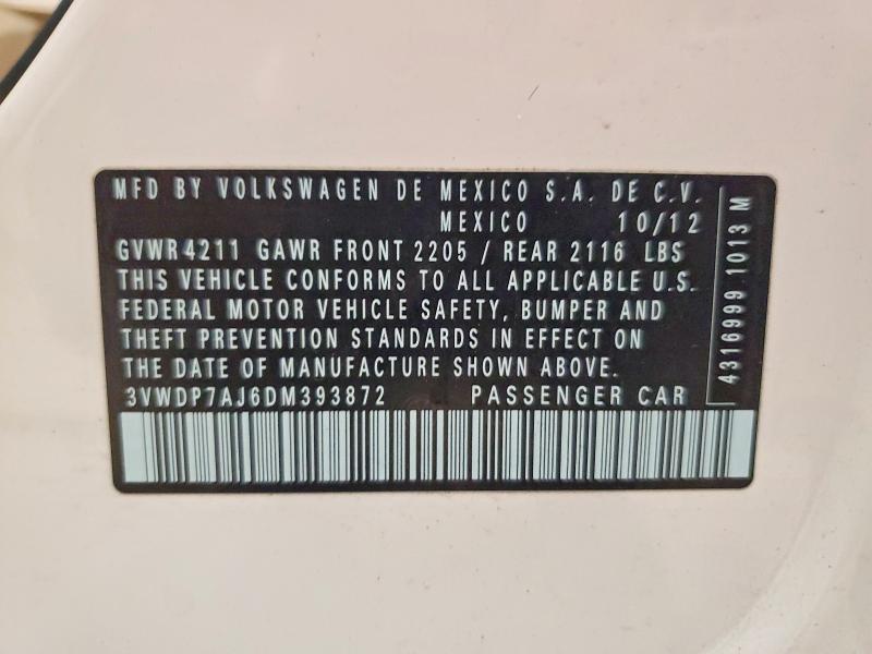 56938166 :رقم المزاد ، 3VWDP7AJ6DM393872 vin ، 2013 Volkswagen Jetta مزاد بيع