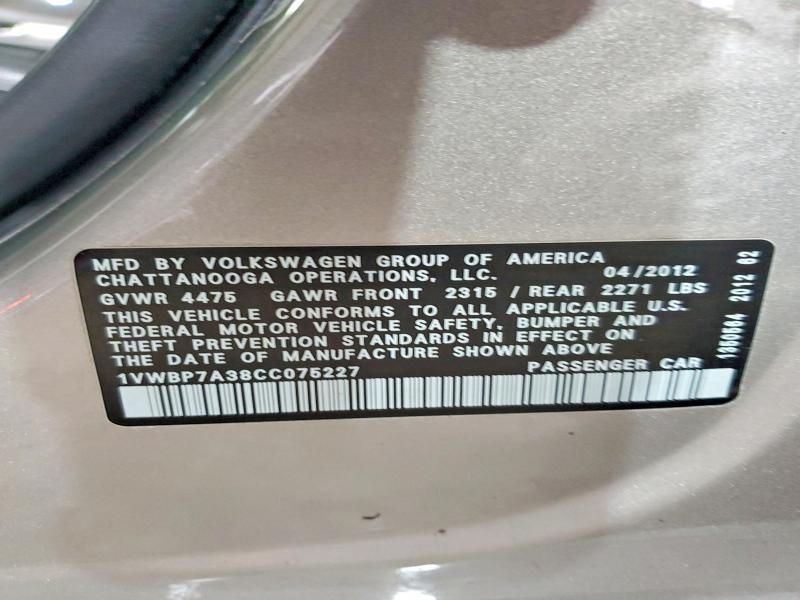 Aukcja sprzedaży 2012 Volkswagen Passat, vin: 1VWBP7A38CC075227, numer aukcji: 62397846