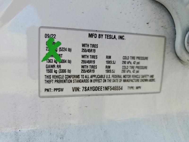 2022 Tesla Model Y მანქანა იყიდება აუქციონზე, vin: 7SAYGDEE1NF546554, აუქციონის ნომერი: 62832716