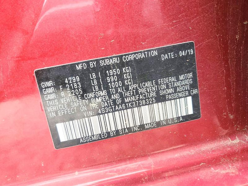 59888226 :رقم المزاد ، 4S3GTAA61K3738325 vin ، 2019 Subaru Impreza مزاد بيع
