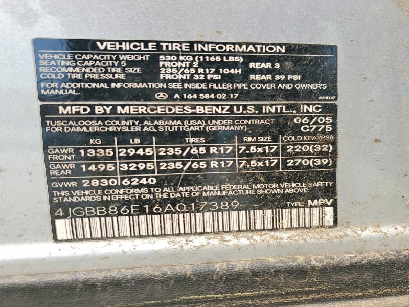 61004706 :رقم المزاد ، 4JGBB86E16A017389 vin ، 2006 Mercedes-benz Ml مزاد بيع