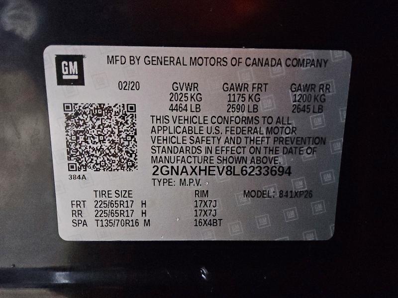 2020 Chevrolet Equinox მანქანა იყიდება აუქციონზე, vin: 2GNAXHEV8L6233694, აუქციონის ნომერი: 60697376