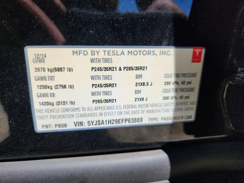 2014 Tesla Model S მანქანა იყიდება აუქციონზე, vin: 5YJSA1H29EFP63869, აუქციონის ნომერი: 61994246
