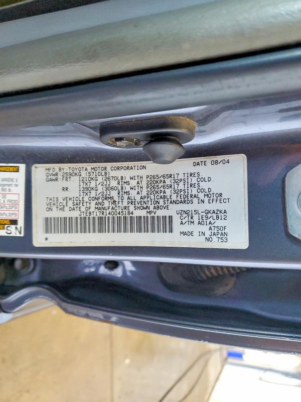 61997366 :رقم المزاد ، JTEBT17R140045184 vin ، 2004 Toyota 4runner مزاد بيع