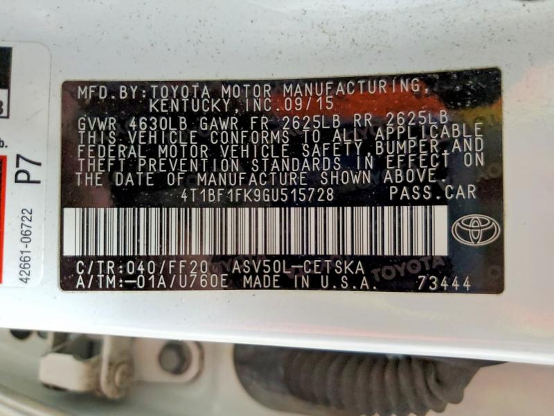 Aukcja sprzedaży 2016 Toyota Camry, vin: 4T1BF1FK9GU515728, numer aukcji: 60491946