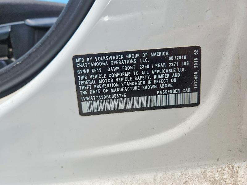 Продаж на аукціоні авто 2016 Volkswagen Passat, vin: 1VWAT7A39GC056795, номер лоту: 59830546