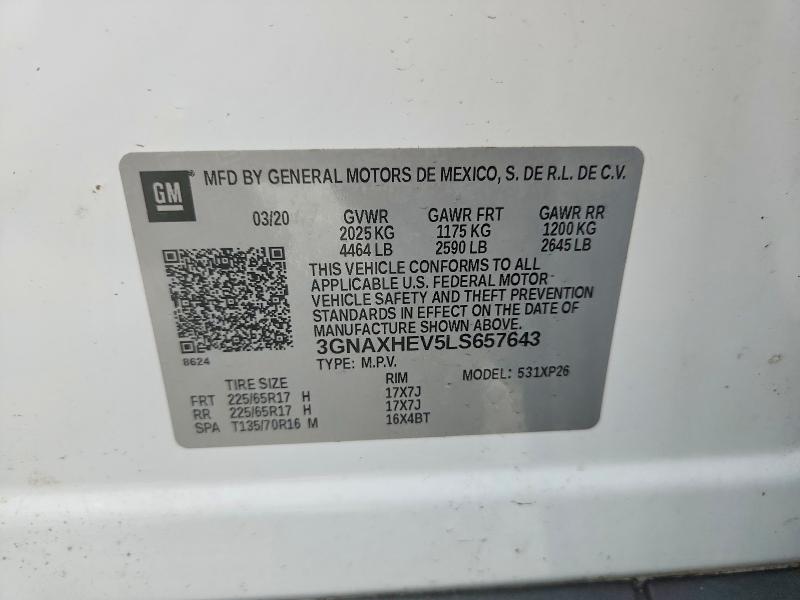 59800766 :رقم المزاد ، 3GNAXHEV5LS657643 vin ، 2020 Chevrolet Equinox مزاد بيع