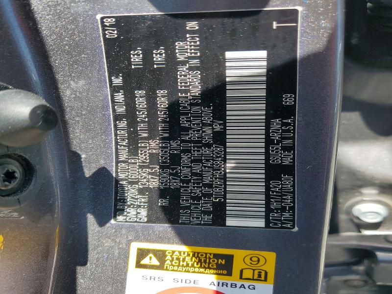2018 Toyota Highlander მანქანა იყიდება აუქციონზე, vin: 5TDBZRFH9JS843287, აუქციონის ნომერი: 59677046
