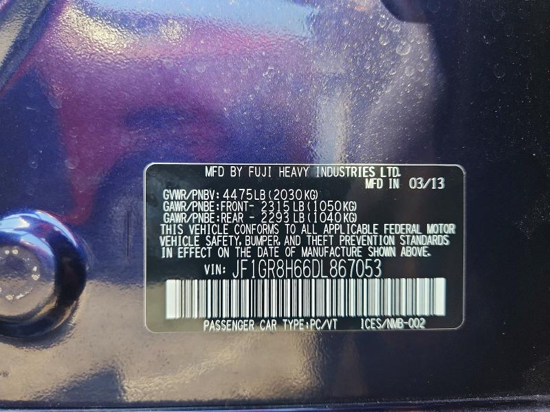2013 Subaru Impreza მანქანა იყიდება აუქციონზე, vin: JF1GR8H66DL867053, აუქციონის ნომერი: 59353476