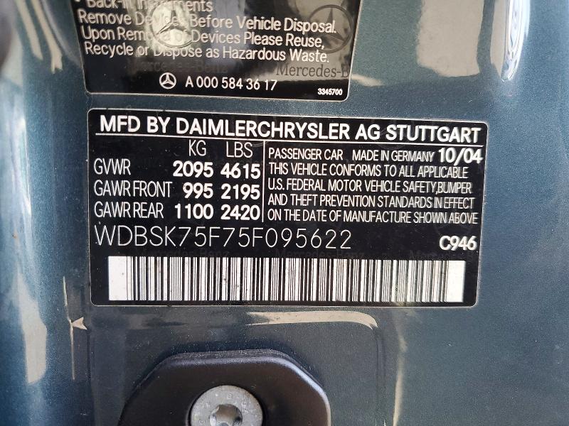 2005 Mercedes-benz Sl მანქანა იყიდება აუქციონზე, vin: WDBSK75F75F095622, აუქციონის ნომერი: 59723766