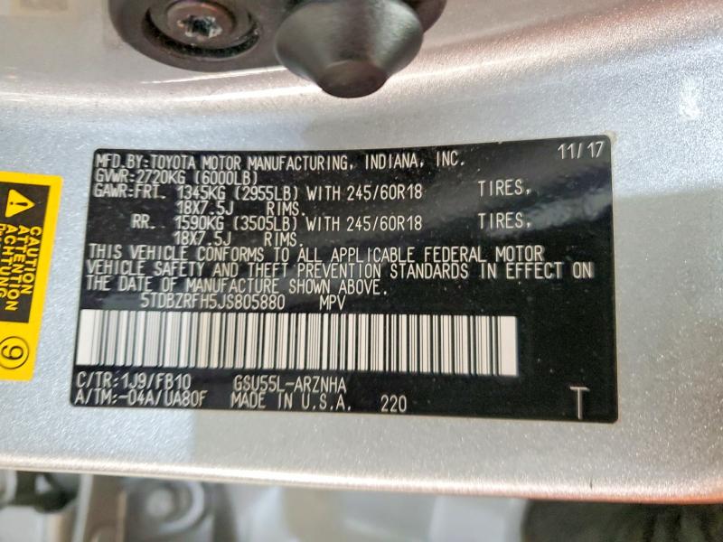 60449966 :رقم المزاد ، 5TDBZRFH5JS805880 vin ، 2018 Toyota Highlander مزاد بيع