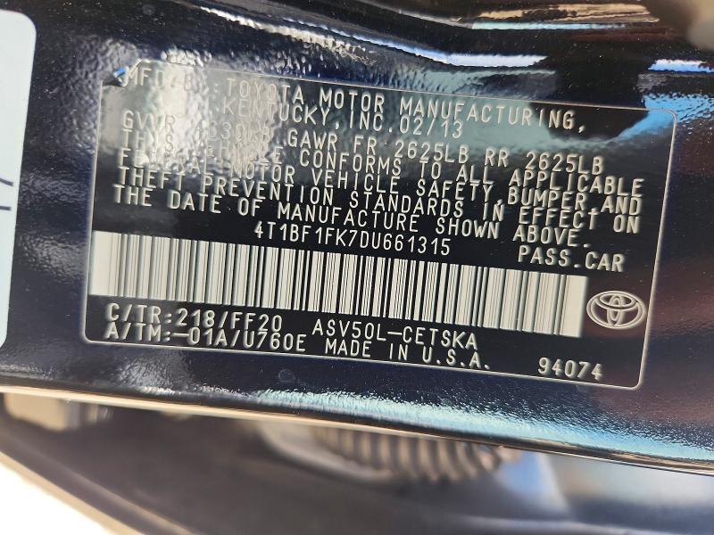 Продажа на аукционе авто 2013 Toyota Camry, vin: 4T1BF1FK7DU661315, номер лота: 62142696
